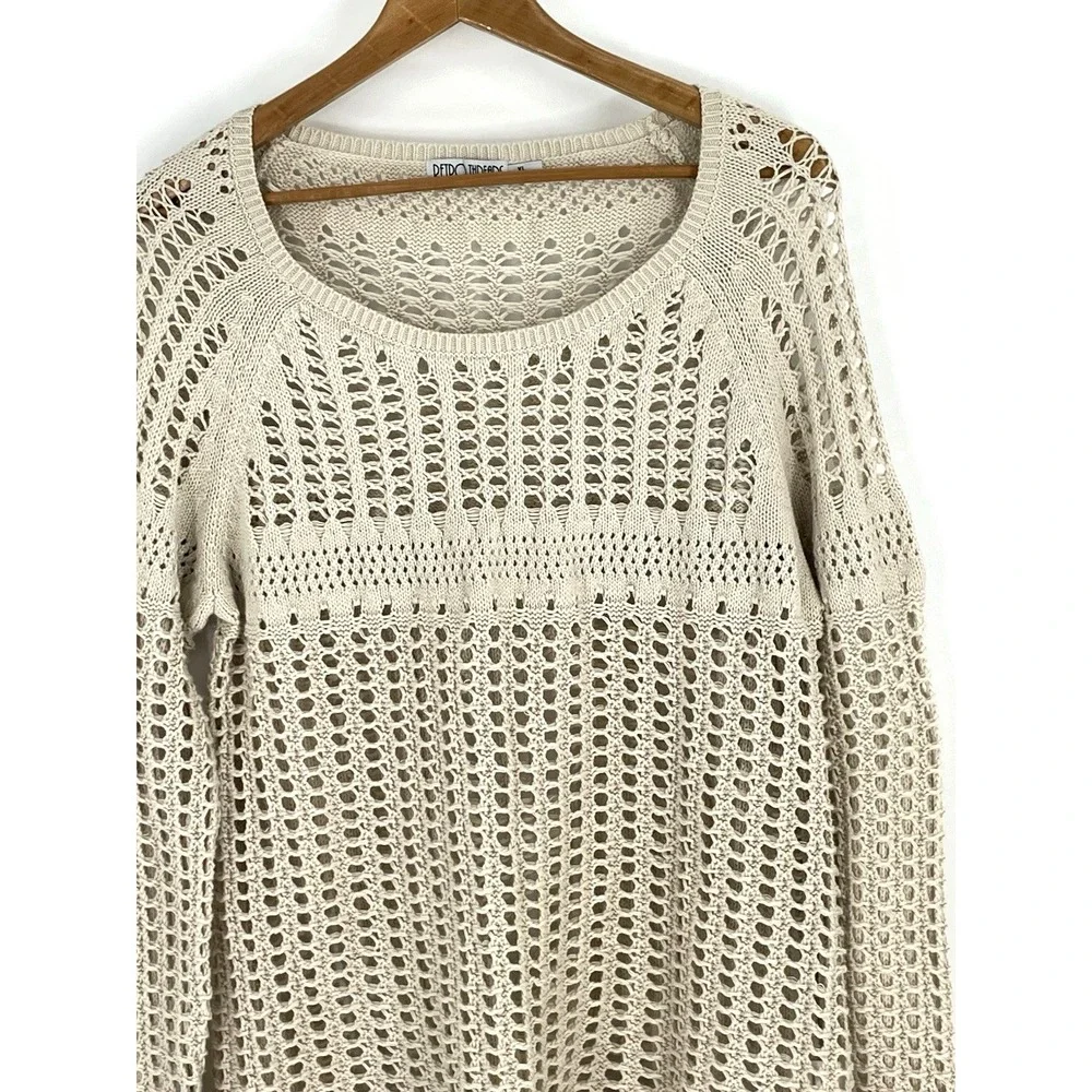 Retro Threads Crochet Sweater Womens XL Beige Open Knit Bell Sleeve Boho Hippie - Picture 4 of 10